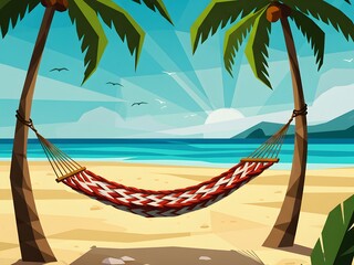 Illustration of a hammock suspended between two palm trees on a sunny tropical beach with a blue ocean and mountains in the background, symbolizing relaxation and vacation.