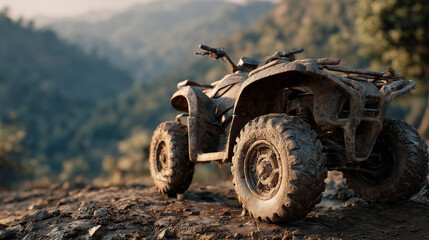 All-terrain vehicle (ATV) parked outdoors. Powerful four-wheeler designed for off-road adventure, recreation, or utility tasks in rugged environments and extreme terrain.