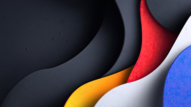 Abstract design with overlapping curved shapes in various colors.