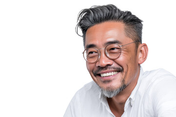 Smiling Asian man in glasses and white shirt isolated on transparent png background