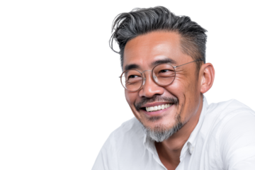 Smiling Asian man in glasses and white shirt isolated on transparent png background