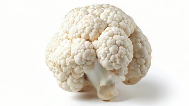 A close-up view of a cauliflower head on a white surface