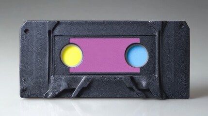 Retro cassette tape with colorful label and artistic design