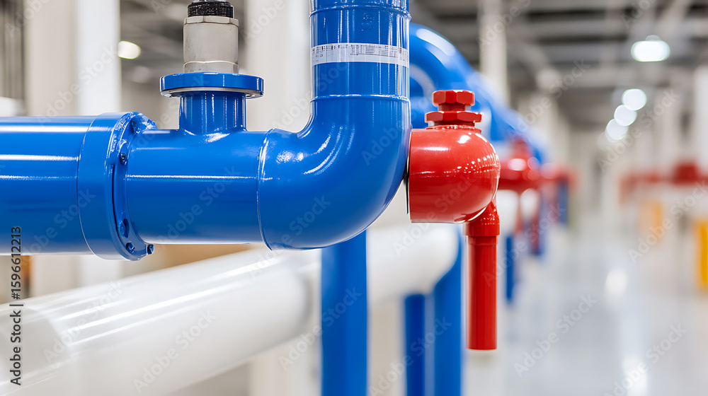 Poster industrial piping system: blue and red piping system in an industrial setting. modern infrastructure