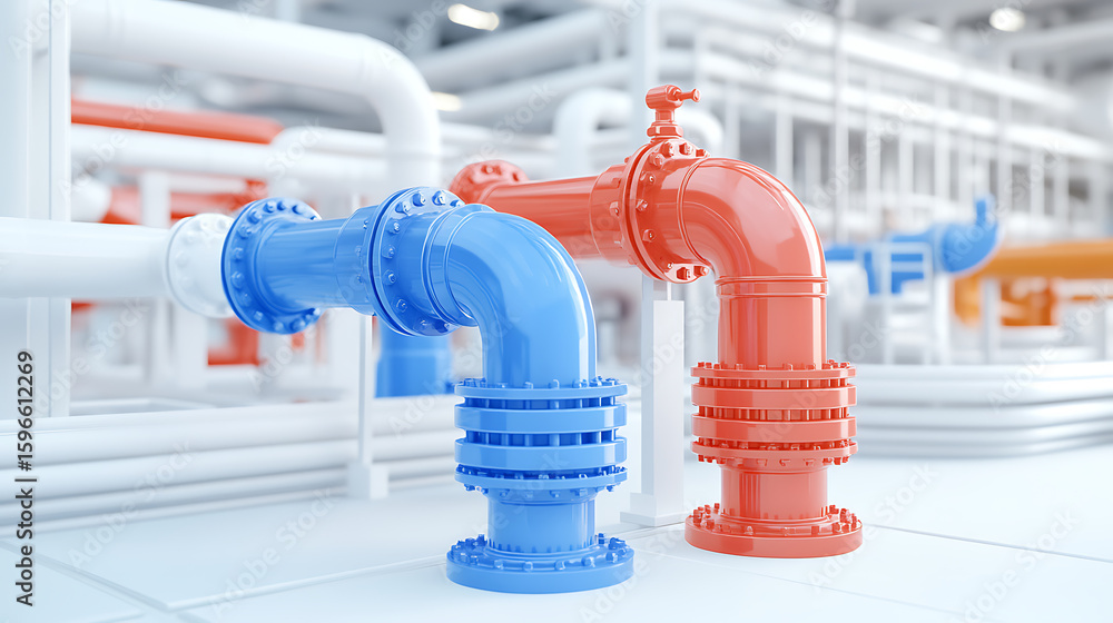Poster piping system in industrial facility: detailed view of interconnected pipes with various colors and 