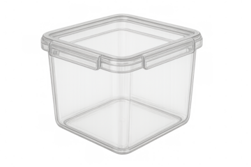 Empty transparent square plastic food container with snapping lid, ideal for storing food, on checkered background