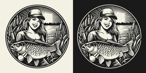 Logo of a female angler holding a big carp. Strong woman fishing design in black and white silhouette style.