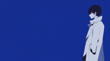 Side view of a stylized anime character in a white coat against a solid blue background.