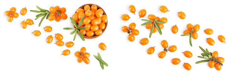 Sea buckthorn in wooden bowl. Fresh ripe berry isolated on white background with copy space for your text. Top view. Flat lay