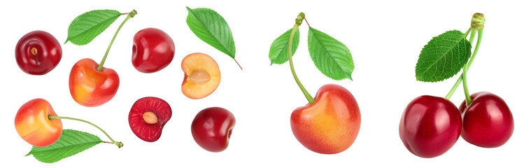yellow-red sweet cherry isolated on white background . Top view. Flat lay