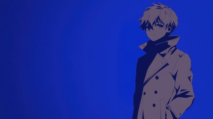 Silhouette of a boy in a coat against a vibrant blue backdrop.
