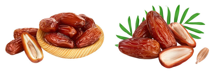 Dates in wooden bowl isolated on white background with full depth of field.