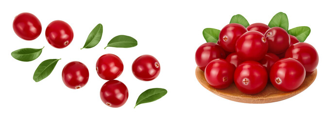 Cranberry with leaves isolated on white background with full depth of field. Top view. Flat lay