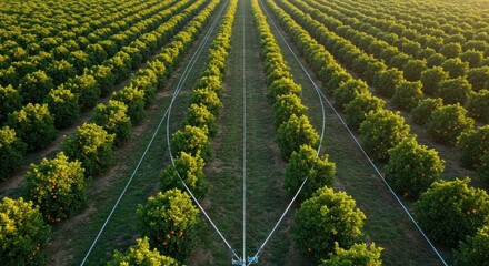 Aerial view of an orange orchard with irrigation lines