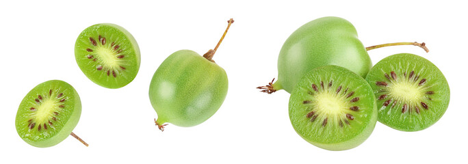 mini kiwi baby fruit or actinidia arguta isolated on white background with full depth of field. Top view. Flat lay