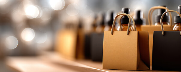 Elegant gift bags arranged on a counter with small bottles in the background during a shopping event