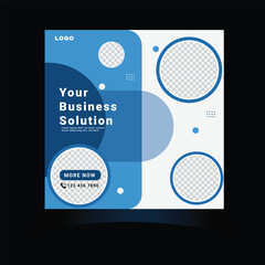 Modern blue business promotion social media post template with photo placeholders and editable text layout.