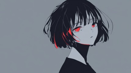 Melancholy anime girl with crimson eyes gazes thoughtfully.