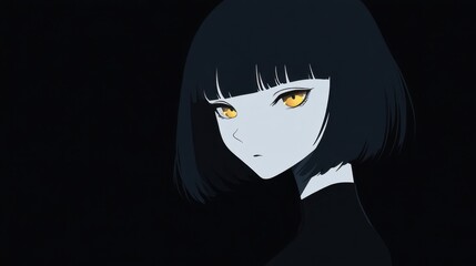 Intense anime girl portrait in stark black and gold.