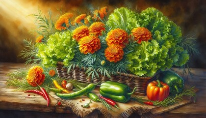 Garden Basket with Marigolds, Lettuce, and Fresh Peppers