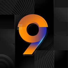Futuristic Number 9 Design &ndash; Abstract Orange and Blue Gradient Digit on Black Geometric Background