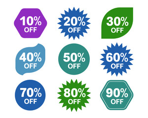 Collection of colorful discount sale tags with percentage off offers