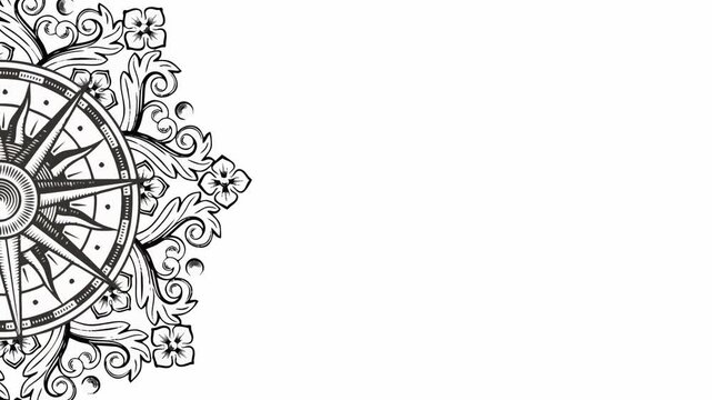 Ornate Compass Rose Mandala with Floral Elements - Black and White Vector Design, 4K, loop animation