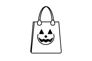 A simplistic outline of a tote bag with a carved pumpkin face is presented