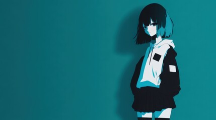 Teal backdrop showcases a stylized anime girl.