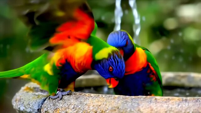 Vibrant Rainbow Lorikeets Drink at a Fountain