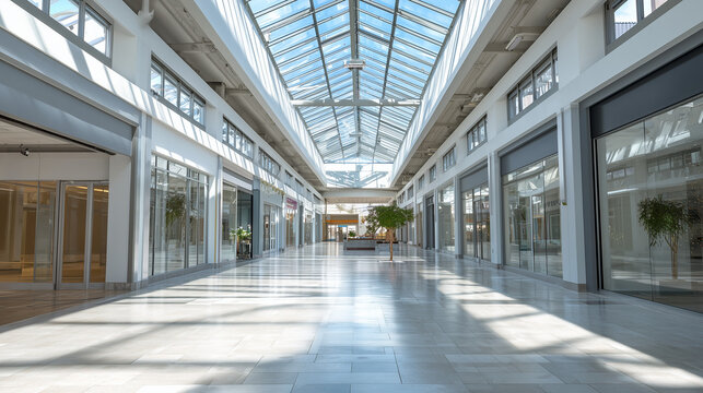 Empty shopping mall interior with clean architecture and modern design. Ideal for concepts of retail space, commercial property, renovation, or economic slowdown visuals. - Powered by Adobe