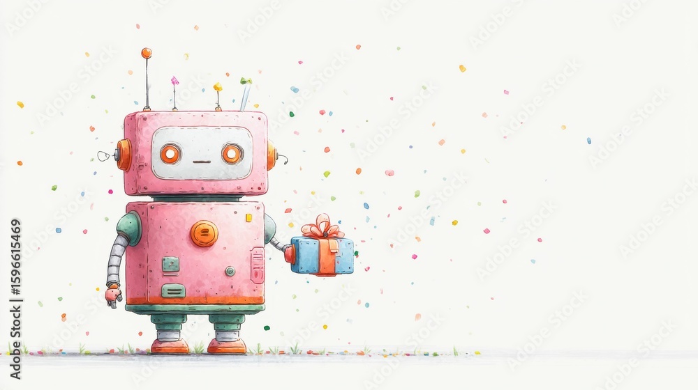 Poster a robot is holding a gift and standing in a field of confetti. the robot is pink and has a happy exp