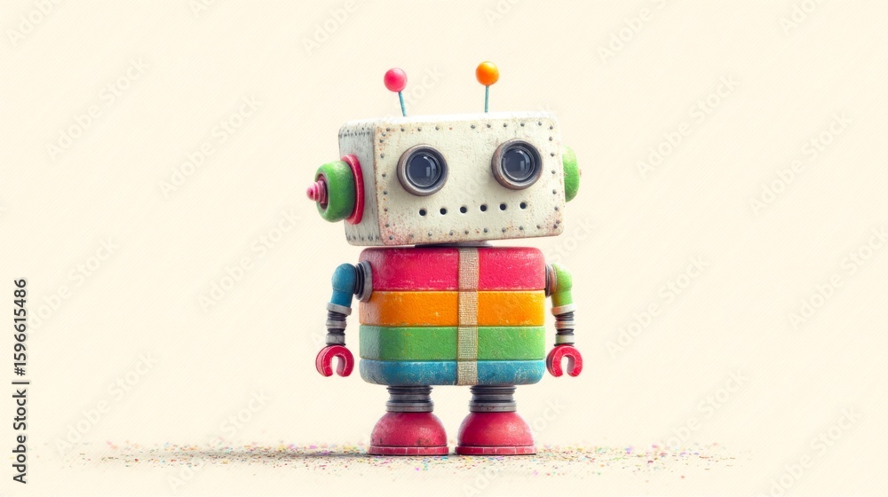 Poster a colorful robot with a red and yellow body and a white head. the robot is standing on a white backg