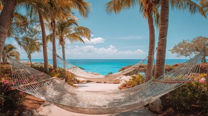 Obraz premium Relaxing Hammocks on Tropical Beach with Turquoise Ocean