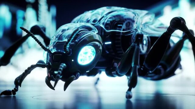 Walking Robotic Insect Closeup on Reflective Surface