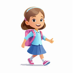Fototapeta premium Cheerful cartoon girl with a pink backpack walking happily towards school with a bright smile and a thumbs-up gesture.