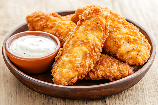 Golden fried chicken tenders served with a creamy dipping sauce on a wooden plate, showcasing a delicious and simple appetizer.