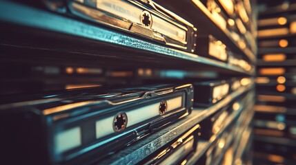 Naklejka premium Vintage Cassette Tapes on a Shelf in Retro Archive Setting