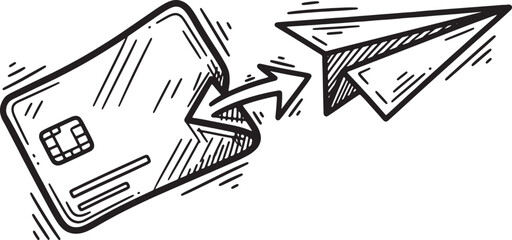 Credit Card to Paper Airplane Hand Draw Icon - Fast Online Payments and Digital Transactions