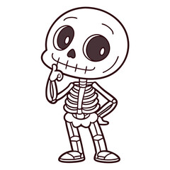 Fototapeta premium Outlined cartoon skeleton contemplates with finger on chin while posing for spooky season