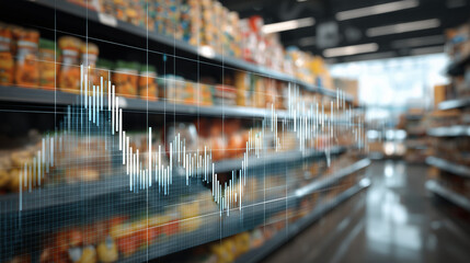Digital financial data chart overlaid on a supermarket shelf background. Perfect for illustrating retail analytics, sales trends, consumer behavior, and modern business intelligence.