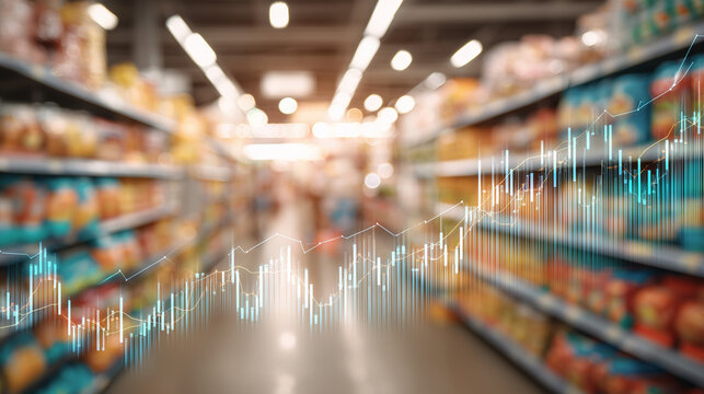 Digital financial chart overlaid on supermarket shelves. Represents retail analytics, sales trends, and consumer data in a modern business and market insight context.