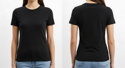 A woman is wearing a black tshirt isolated on white background
