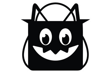 Black silhouette of a Halloween candy bag with a smiling monster face is displayed
