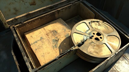 Fototapeta premium Vintage Film Reel and Wooden Box in Dimly Lit Environment