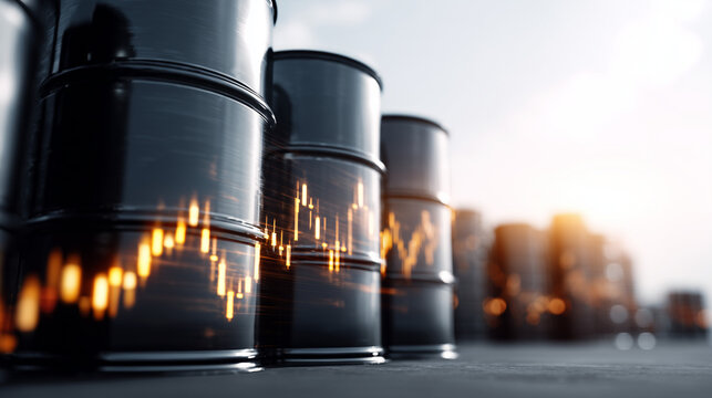 Digital financial chart with oil barrels in the background. Perfect for illustrating energy markets, oil price trends, commodities trading, and global economic analysis.