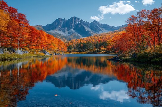 Calm lake reflects vibrant autumn trees and majestic mountains under blue sky fall water - Powered by Adobe