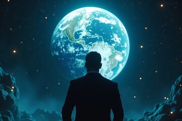 Fototapeta premium Global vision and leadership for the future of Earth, businessman silhouette looking at glowing planet in space among stars