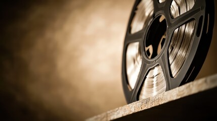 Obraz premium Vintage film reel on a wooden surface with warm background light