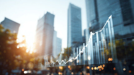 Financial data chart overlaid on a city building background. Perfect for illustrating urban economy, stock market trends, investment growth, and modern financial analysis.
